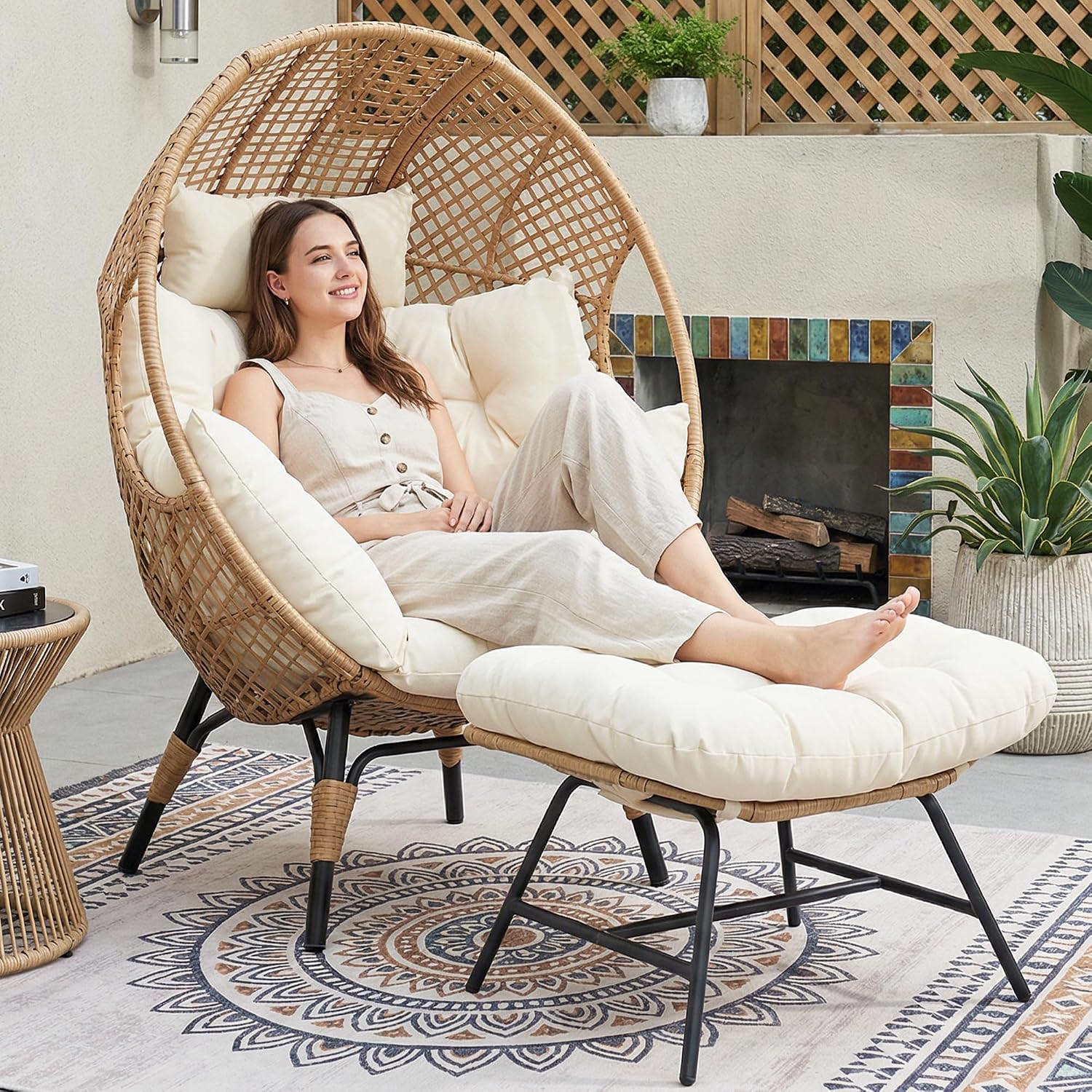 NICESOUL Indoor Outdoor Egg Chair with Ottoman, Comfy Thick Cushioned Egg-Basket Lounge Chair w/Footrest, 440lbs Eggshell Chairs with Foot Rest, Boho Chair for Patio, Balcony, Bedroom, Sunroom, Beige
