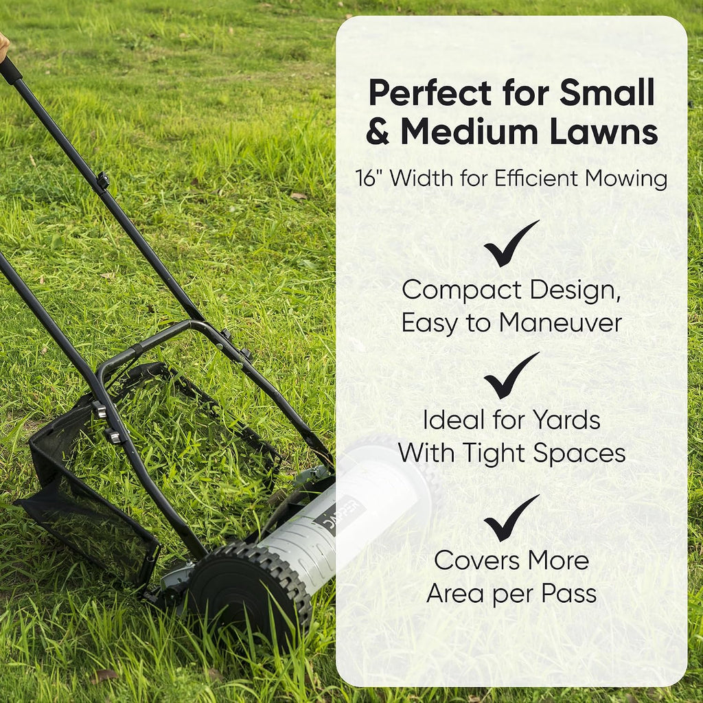 16' Push Reel Lawn Mower with Grass Catcher – Manual 5-Blade Hand Mower, Adjustable 3-Position Cutting Height (0.5'–1.75'), Lightweight & Eco-Friendly – 1-Year Warranty