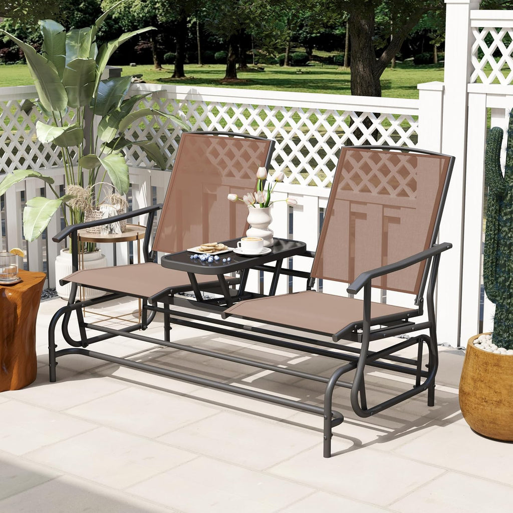Tangkula 2 Person Swing Glider Chair, Patio Rocking Loveseat w/Center Tempered Glass Table, Outdoor Swing Bench w/Steel Frame & Breathable Mesh Fabric for Porch, Balcony, Poolside (Brown)