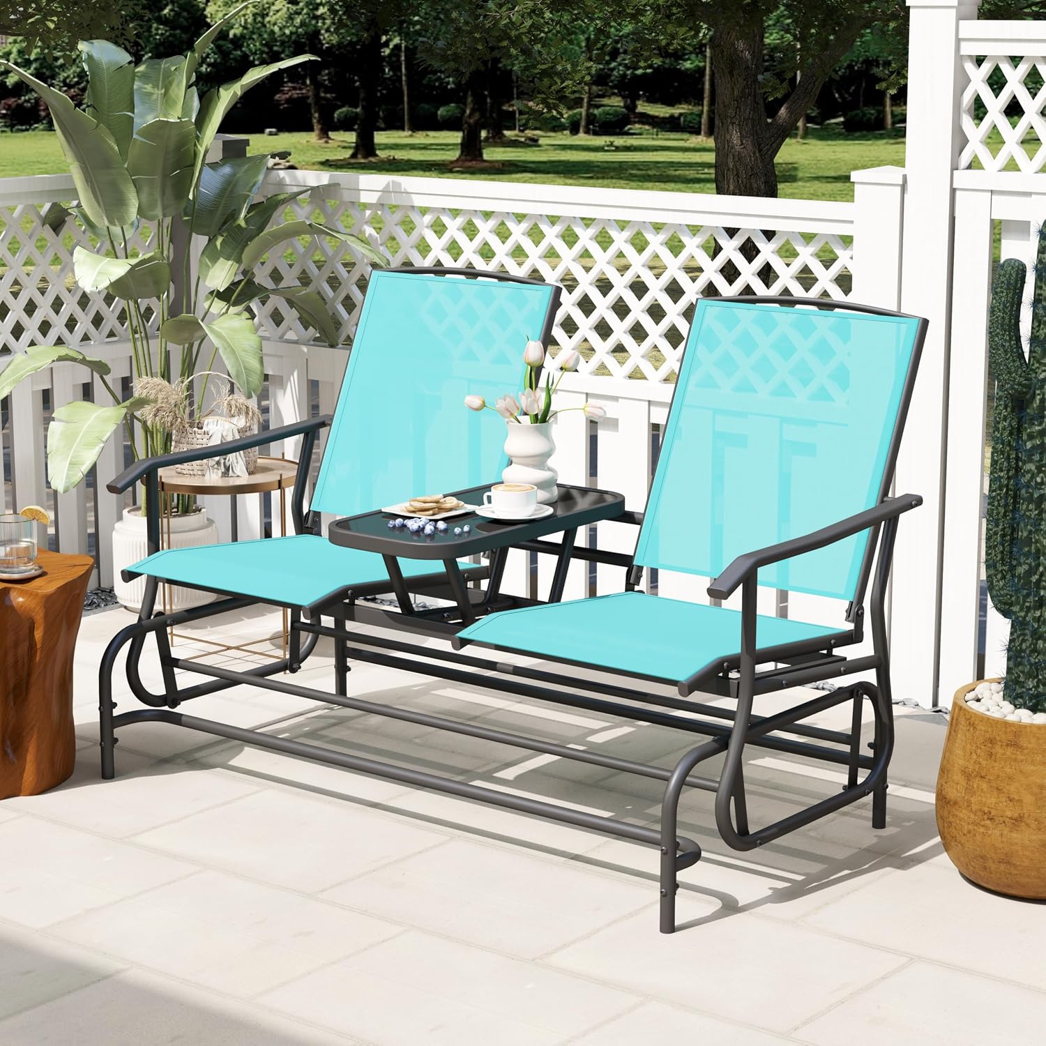 Tangkula 2 Person Swing Glider Chair, Patio Rocking Loveseat w/Center Tempered Glass Table, Outdoor Swing Bench w/Steel Frame & Breathable Mesh Fabric for Porch, Balcony, Poolside (Turquoise)