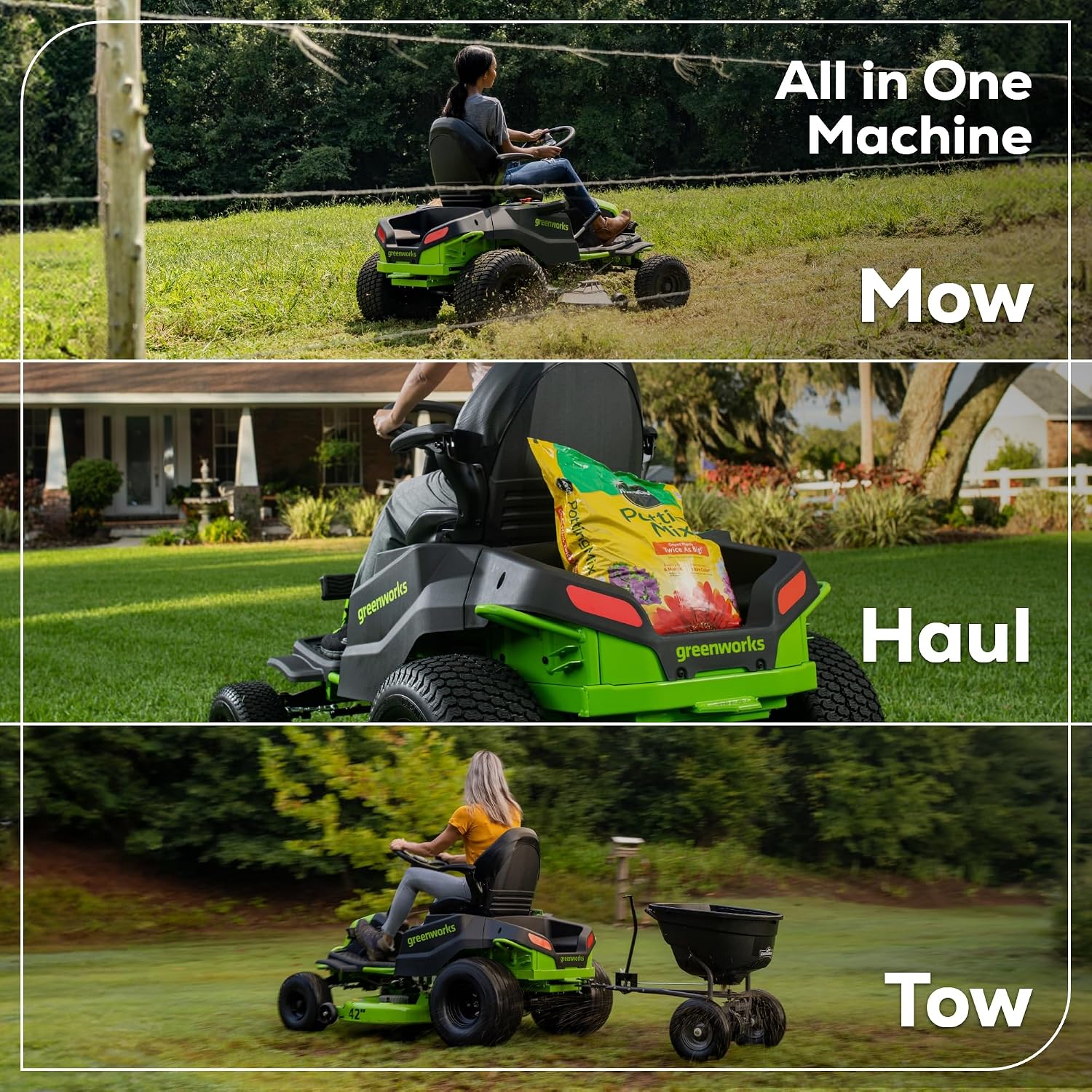 Greenworks 80V 42' Riding Lawn Mower (2 Acre, 32 HP Gas Equivalent, 5 MPH, Cargo Bin, Tow Up to 200 lbs.), (4) 5.0Ah Batteries (1,600 Wh Max) + Turbo Wall Charger