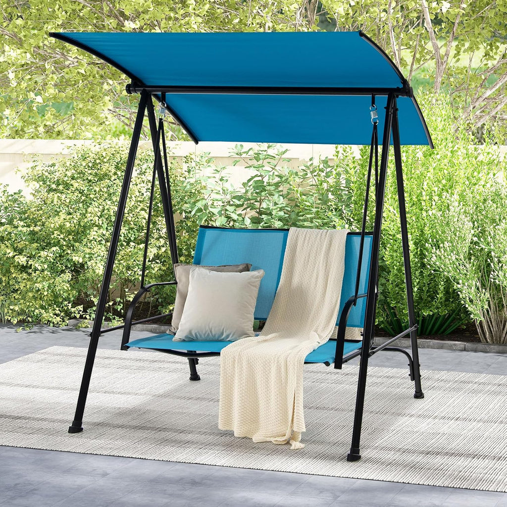 HAPPYGRILL Outdoor Patio Swing for 2 Person, Porch Swing Chair w/Adjustable Canopy, Heavy-Duty Metal Frame, Breathable Seat Fabric, Patio Loveseat Swing for Backyard, Balcony, Poolside