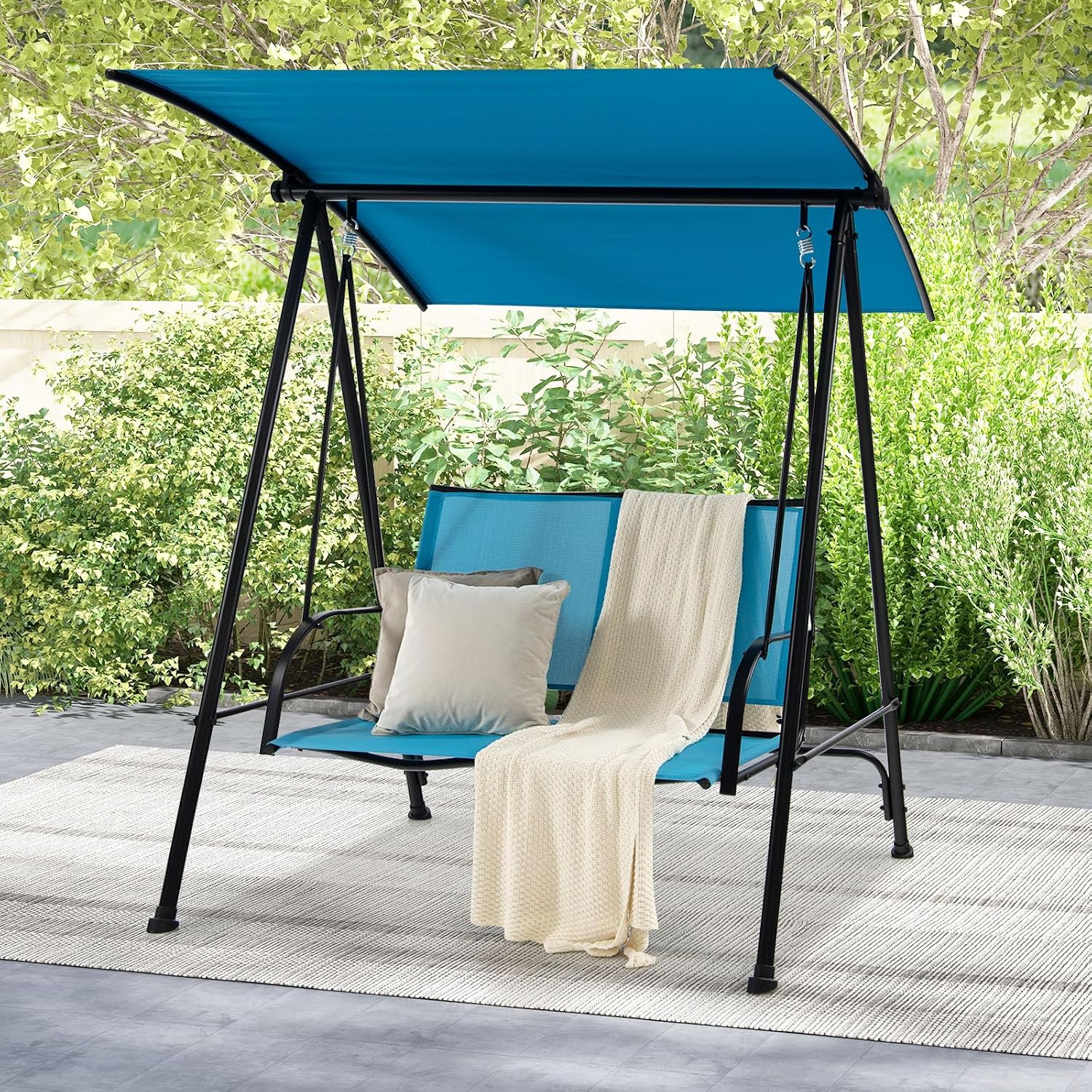HAPPYGRILL Outdoor Patio Swing for 2 Person, Porch Swing Chair w/Adjustable Canopy, Heavy-Duty Metal Frame, Breathable Seat Fabric, Patio Loveseat Swing for Backyard, Balcony, Poolside