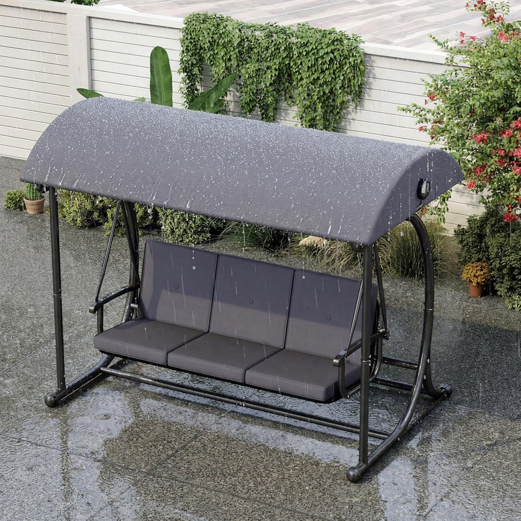 3 Seat Patio Swing with Canopy, Convertible Porch Swing Bed for Adults, Heavy Duty Outdoor Swing Chair with Stand for Backyard Garden Balcony, Thick Cushion, Gray