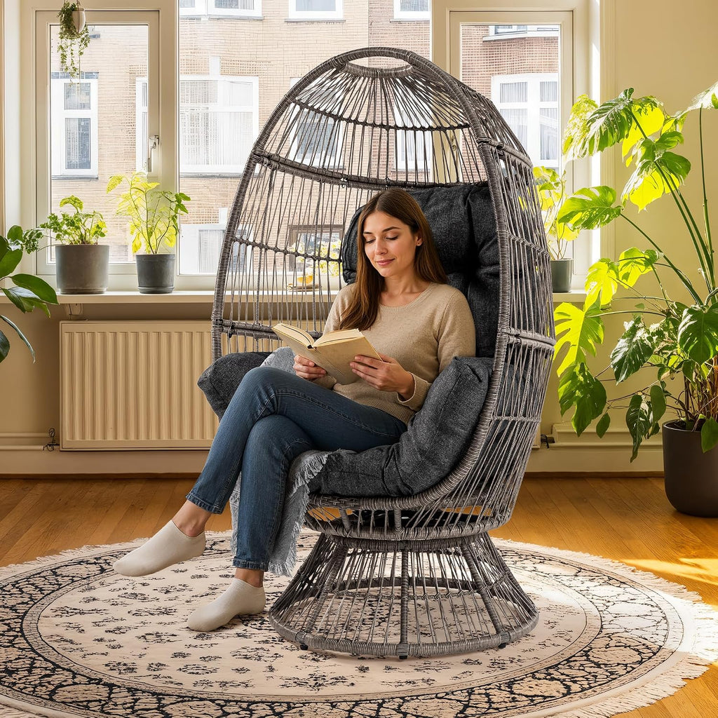 Bme Heavy Duty 400 lbs Capacity Wicker Egg Chair for Outside & Indoor, 360 Degree Smooth Swivel Mechanism, UV 2000 Hours Material with Flame Retardant Tested Cushion, Durable Against Water, Weather