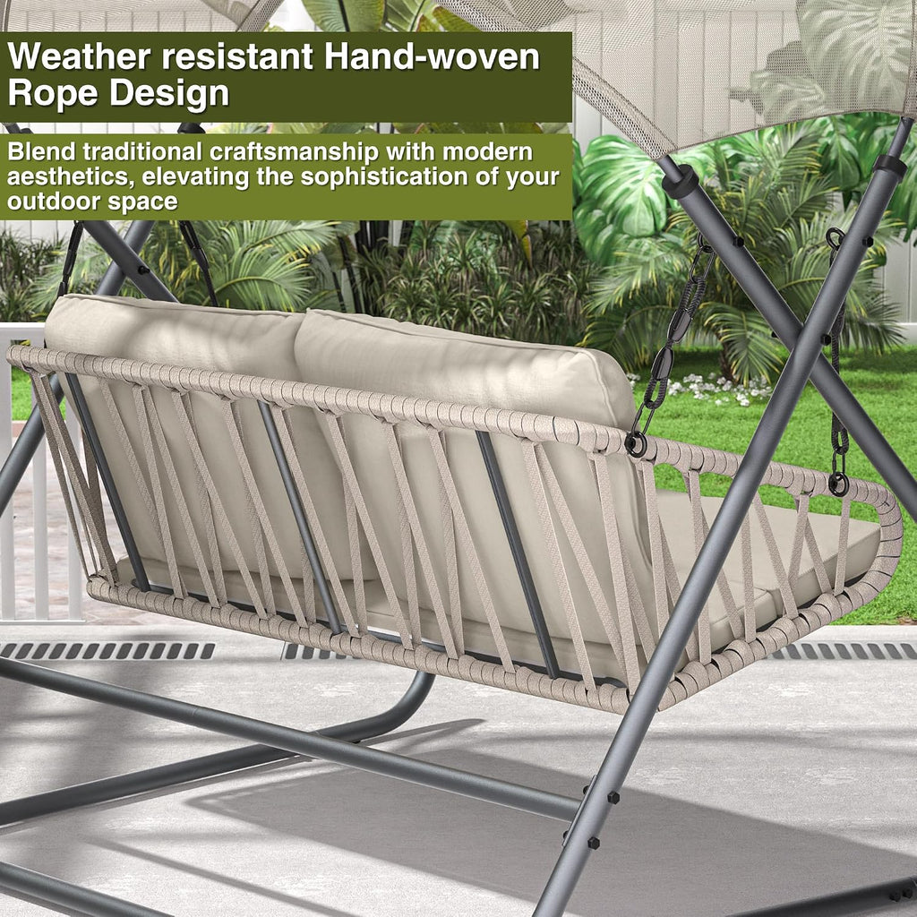 2-Seat Outdoor Porch Swing, Patio Swing with Canopy, Hanging Glider Bench with Thicken Cushions and Pillow, Patio Hammock Lounge Chair for Backyard Porch Garden Deck, Beige