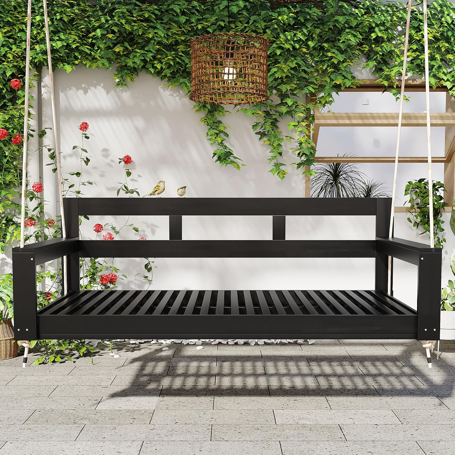 LUMISOL Twin Size Porch Swing Daybed Frame, Garden Porch Swing Bench Chair with 4 Hanging Ropes for Backyard Outdoor, Black