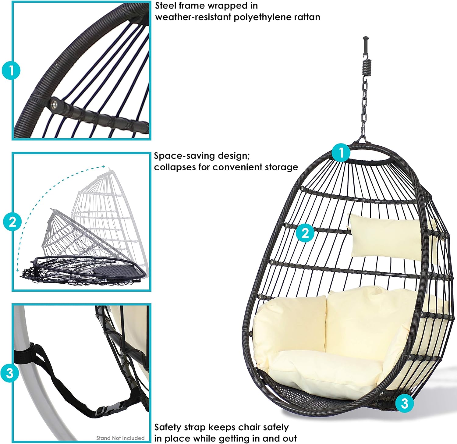 Sunnydaze Penelope Black Steel and Polyethylene Wicker Hanging Egg Chair with Cream Polyester Cushions - 45-Inch Tall
