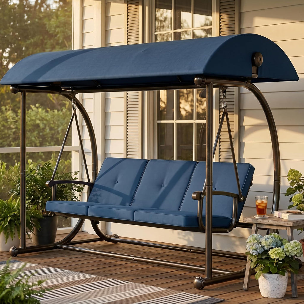 Outdoor Patio Swing Bed with Canopy, 3 Seat Porch Swing Chair for Adults, Heavy Duty Frame, Thick Cushions, Adjustable Backrest for Backyard Balcony Garden, Blue