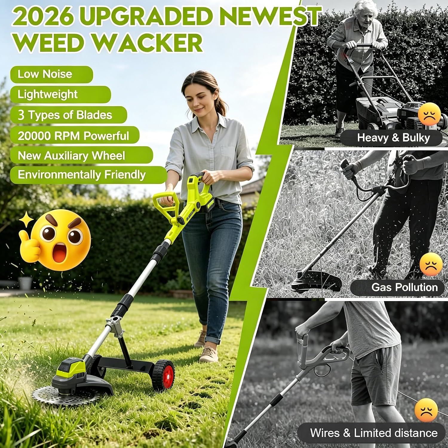 3-in-1 Cordless Weed Wacker with Wheels, 12-Inch Weed Eater Battery Powered Brush Cutter, 2x4.0Ah Batteries, LCD Display, Grass Trimmer Stringless Weed Trimmer Lawn Mower Edger