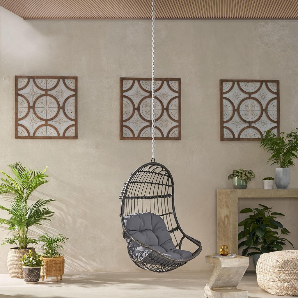 Wicker Egg Chair, Hanging Chair with 8FT Chain, Wicker Lounge Chair with Water Resistant Cushion, Indoor Outdoor Lounger for Patio, Backyard, Living Room, Only Chair (Gray-No Stand)