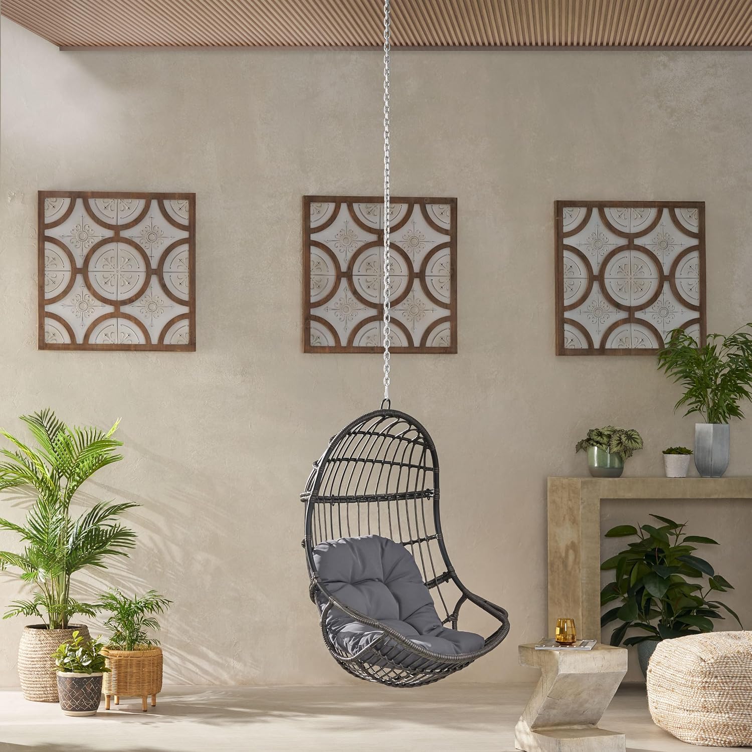 Wicker Egg Chair, Hanging Chair with 8FT Chain, Wicker Lounge Chair with Water Resistant Cushion, Indoor Outdoor Lounger for Patio, Backyard, Living Room, Only Chair (Gray-No Stand)