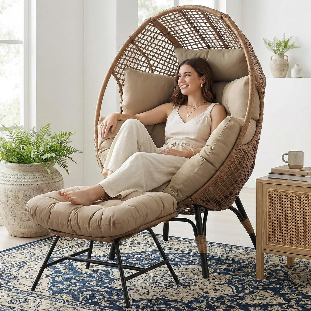 NICESOUL Indoor Outdoor Stationary Wicker Egg Chair w/Footrest, Extra Large Egg-Seat w/Cushion, 440lbs Egg-Shape Lounge Chair with Legs, Cozy Boho Rattan Chair for Patio, Balcony, Sunroom, Brown