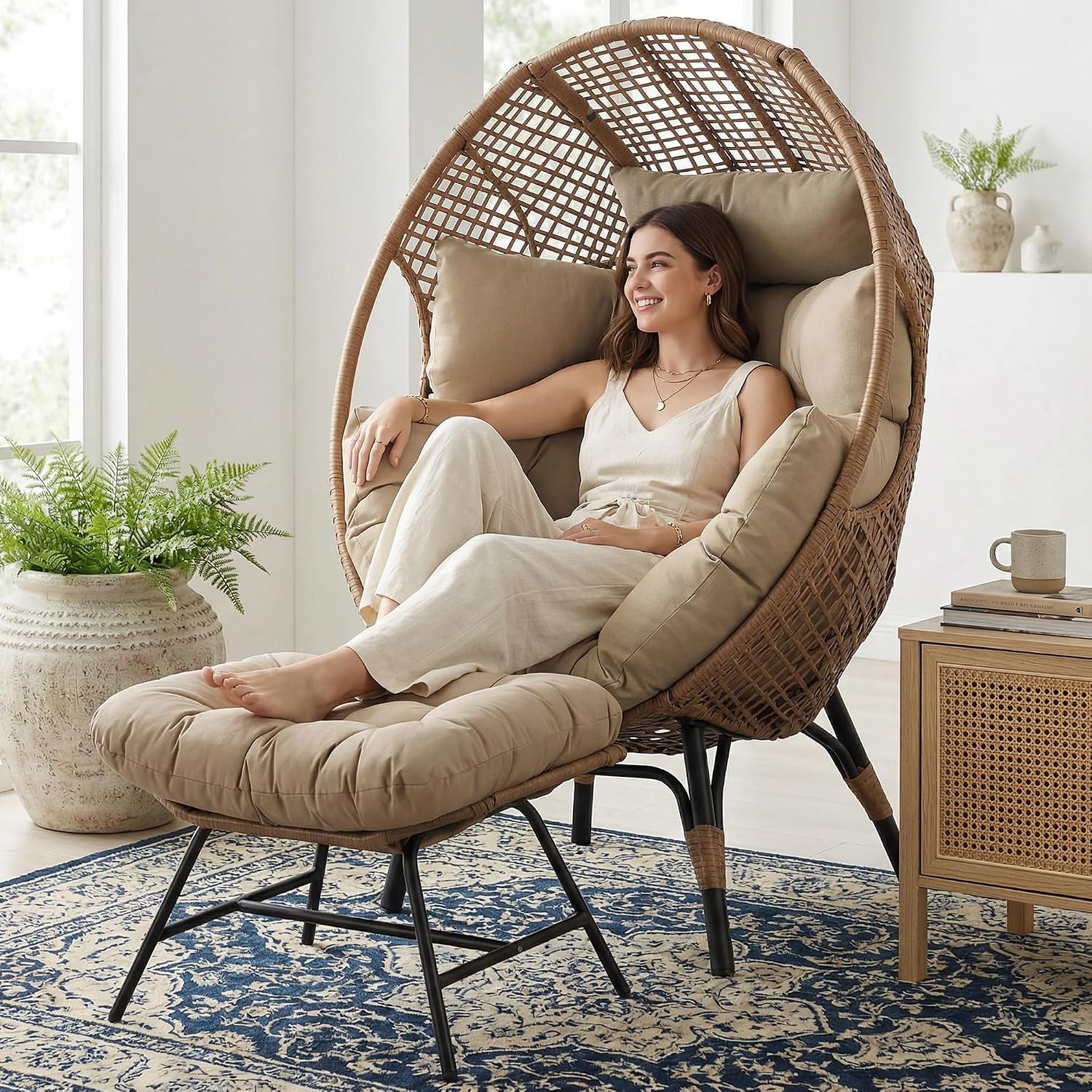 NICESOUL Indoor Outdoor Stationary Wicker Egg Chair w/Footrest, Extra Large Egg-Seat w/Cushion, 440lbs Egg-Shape Lounge Chair with Legs, Cozy Boho Rattan Chair for Patio, Balcony, Sunroom, Brown