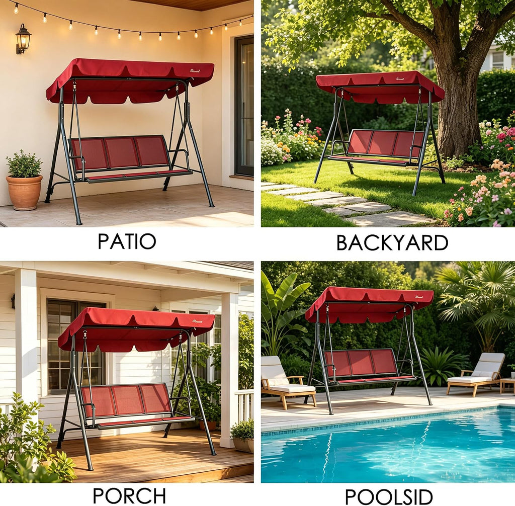 Kozyard 3-Person Outdoor Canopy Porch Swing Chair, Breathable Textilene Armrest Seat, Adjustable Shade, Heavy-Duty Powder-Coated Steel Frame Swing for Patio, Backyard, Poolside & Balcony Burgundy