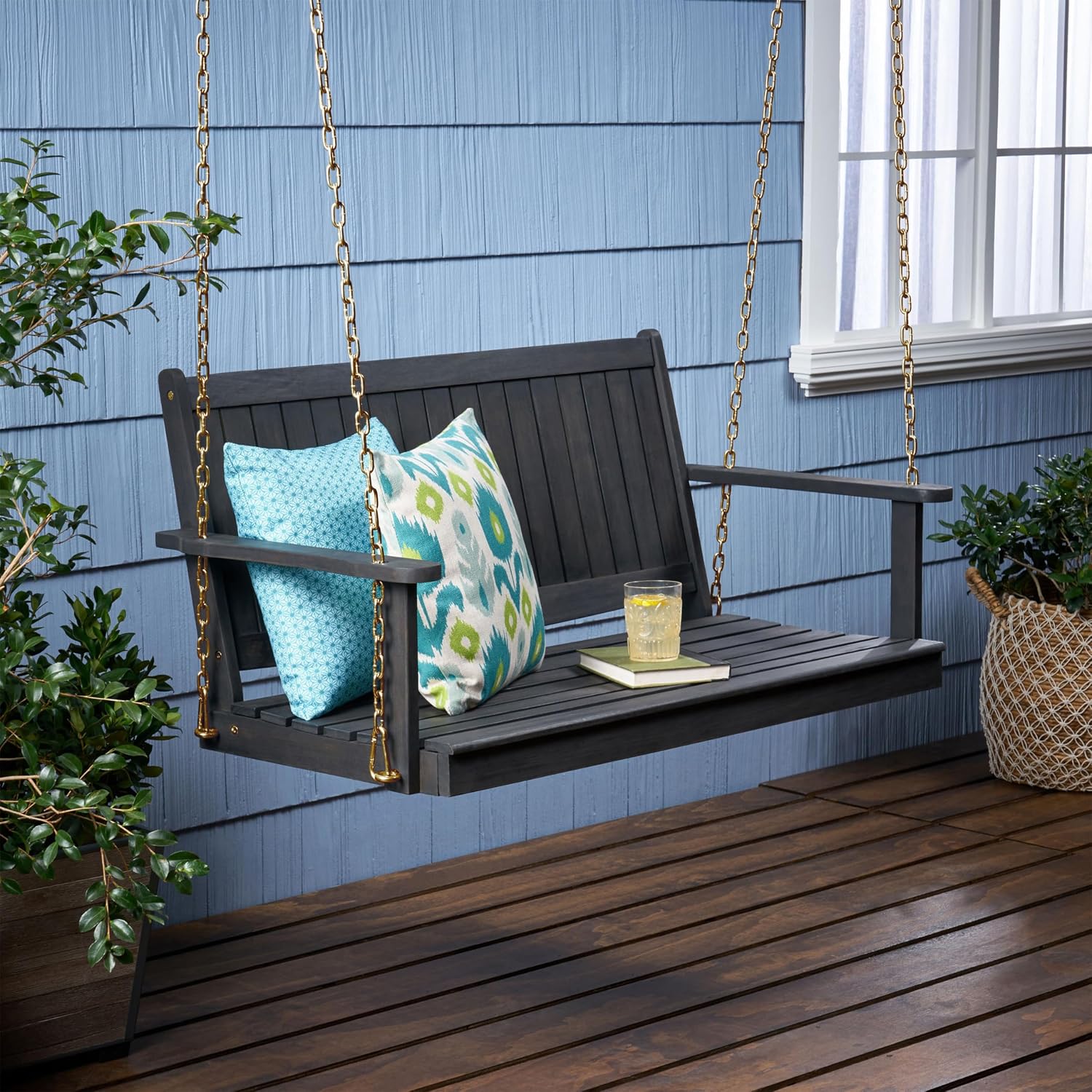 Villa Garden Hanging Solid Wood Leisure Rocking Chair Thickened with Galvanized Reinforcement Chain Suitable for Indoor and Outdoor Use