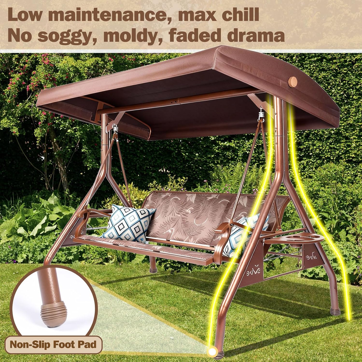 ZZW 3 Person Patio Swing Outdoor Swing for Adults with Adjustable Canopy &Upgraded Cup Holders Textilene Fabric Porch Swing Chair with Stand Heavy Duty 800 LBS