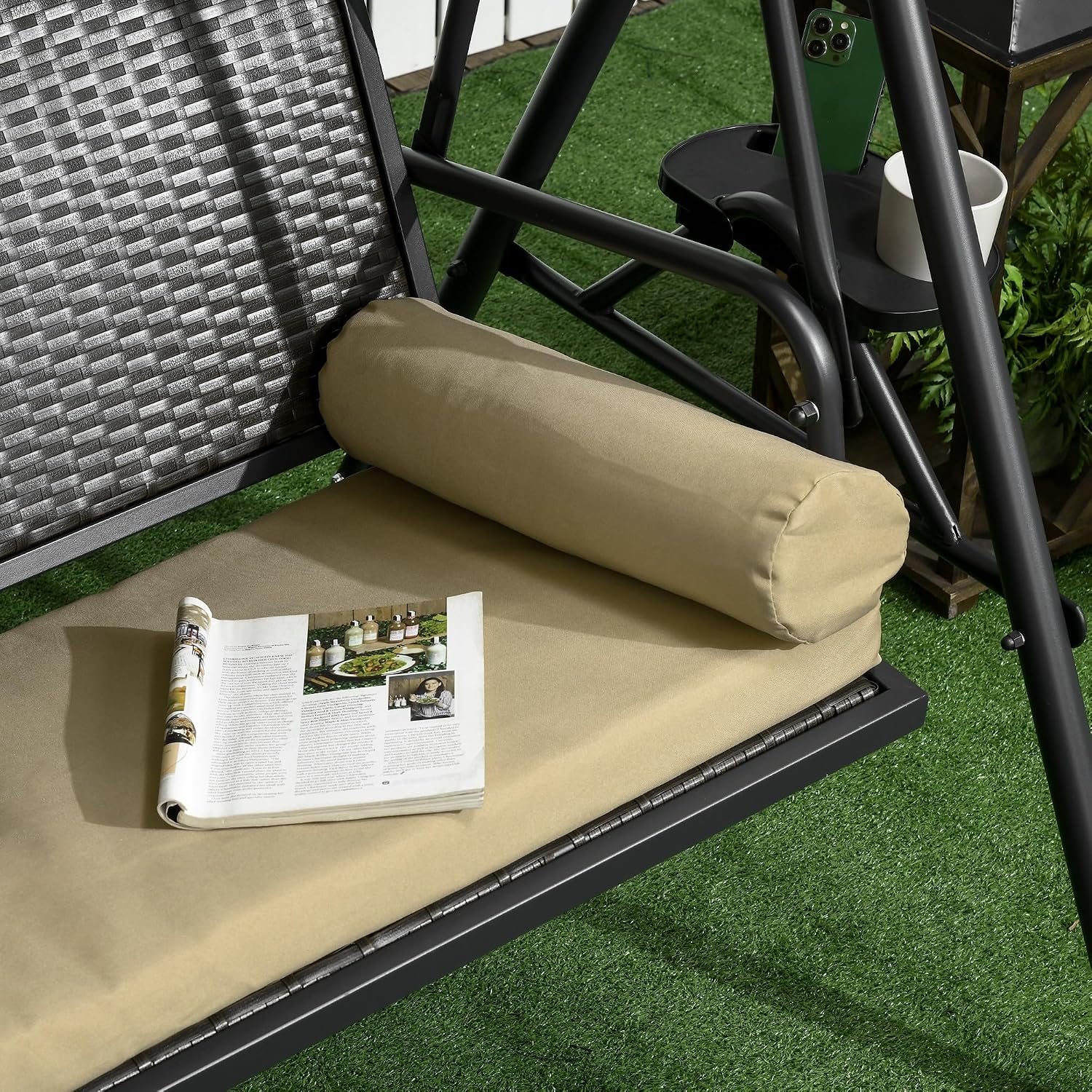 Outsunny 3-Seat Patio Swing Chair, Swing Bench for Outside w/Adjustable Shade, Removable Cushion and Rattan Seat, for Garden, Porch, Backyard, Poolside