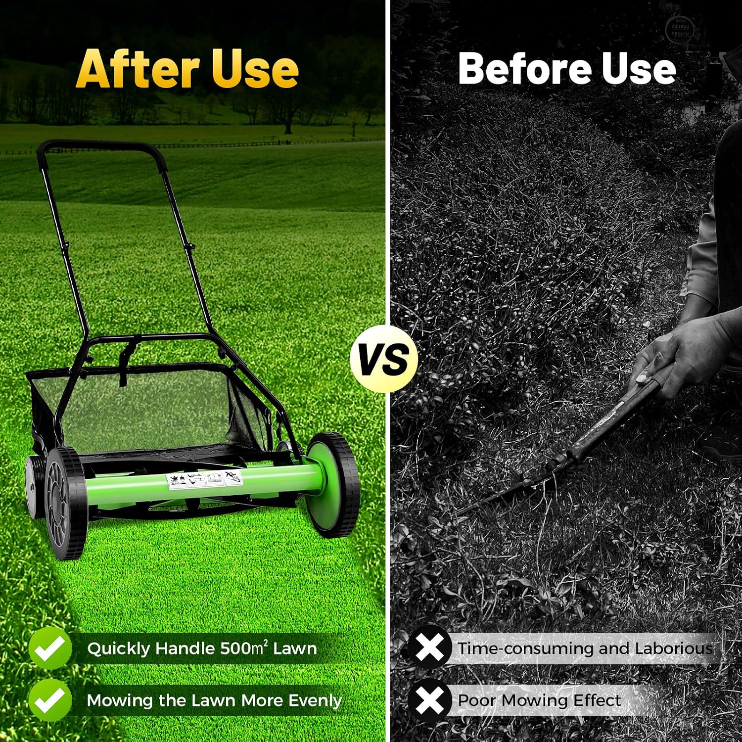 20 Inch 5-Blade Push Reel Lawn Mower, Cordless Manual Lawn Mower with Grass Catcher, Adjustable Cutting Height, Walk-Behind Lawn Mowers for Yard, Garden