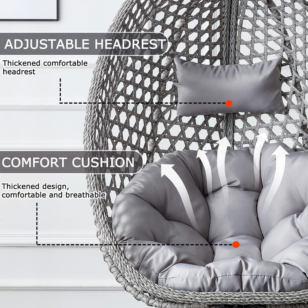 Hanging Egg Chair with Stand & Cushions, Outdoor and Indoor Hammock Rattan Swing Chair 350 lbs Capacity with Aluminum Steel Frame for Patio, Balcony, Backyard and Living Spaces (Light Grey)