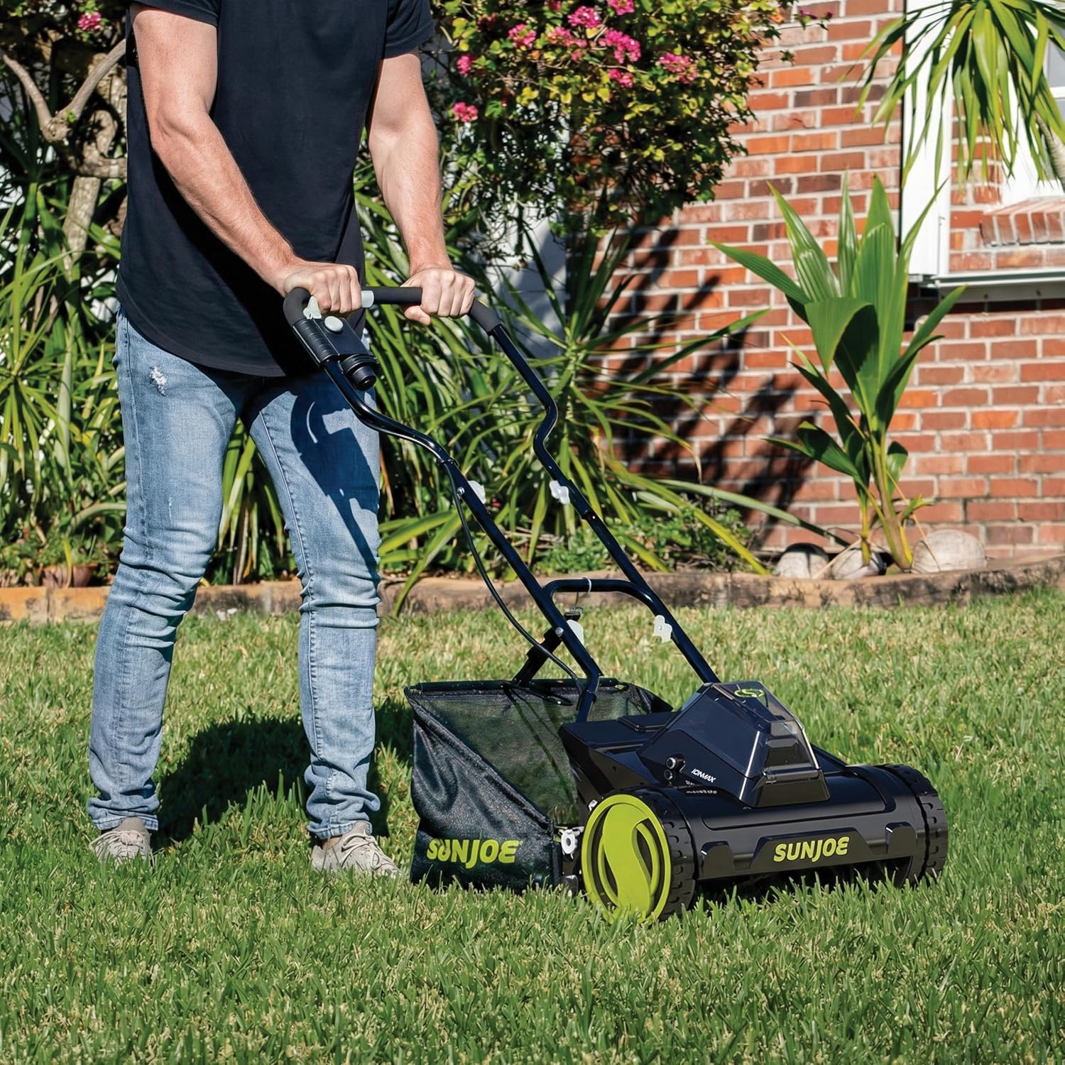Sun Joe Cordless Electric Push Lawn Mower with 11.9-Gal Bag, 15-Inch Cutting Width, 360W Motor - Heavy-Duty Yard Trimmer for Gardening Care and Maintenance, IONMAX 24V-CRLM15