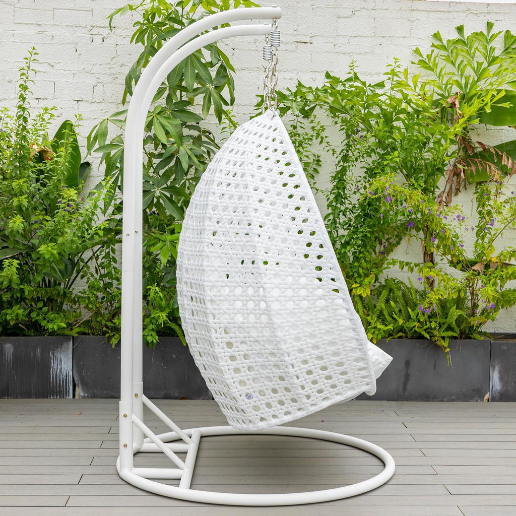 LeisureMod 2 Person Hanging Egg Chair, Indoor Outdoor Patio Lounge Swing with White Stand & UV-Resistant Cushions, Hammock Chair for Bedroom & Garden, White