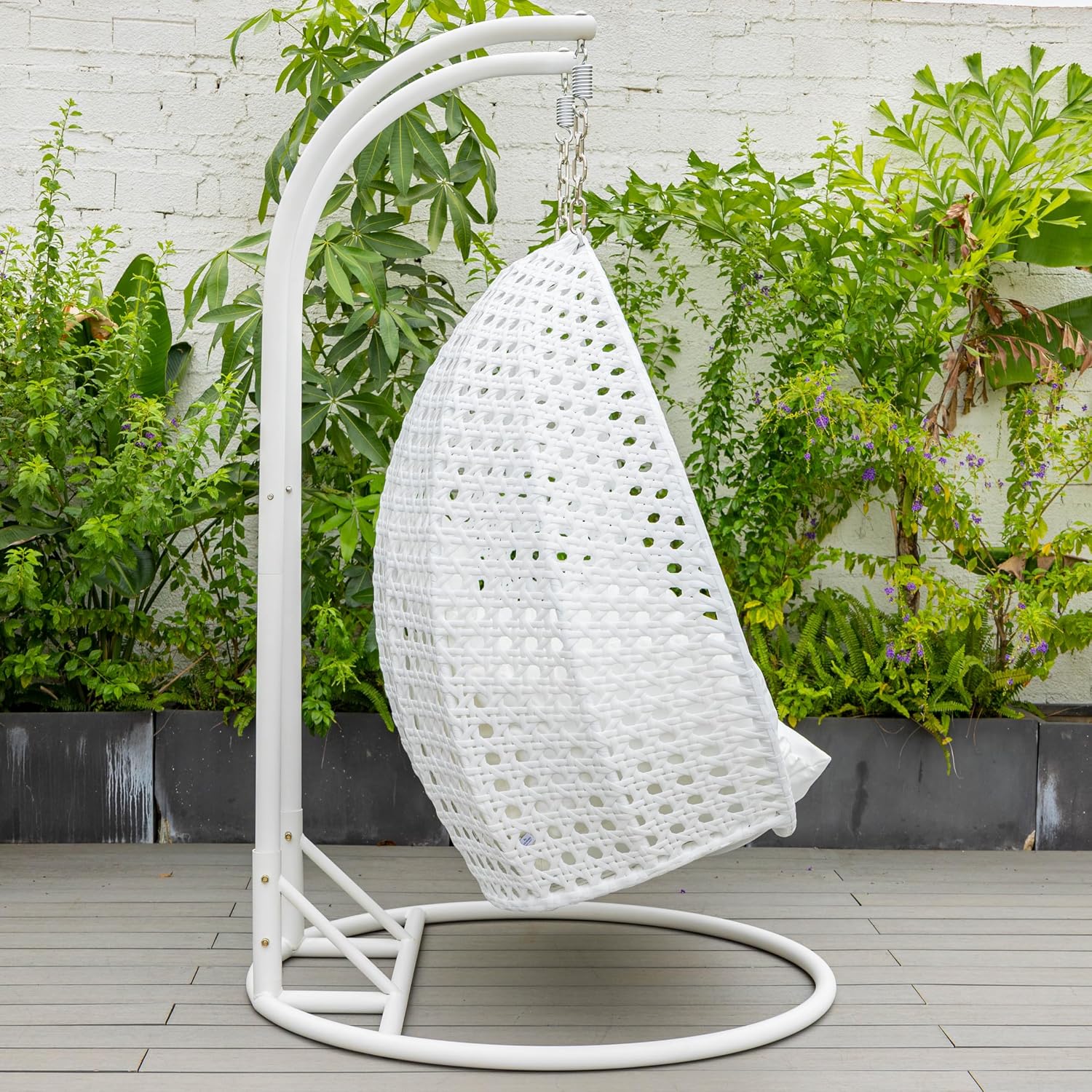 LeisureMod 2 Person Hanging Egg Chair, Indoor Outdoor Patio Lounge Swing with White Stand & UV-Resistant Cushions, Hammock Chair for Bedroom & Garden, White