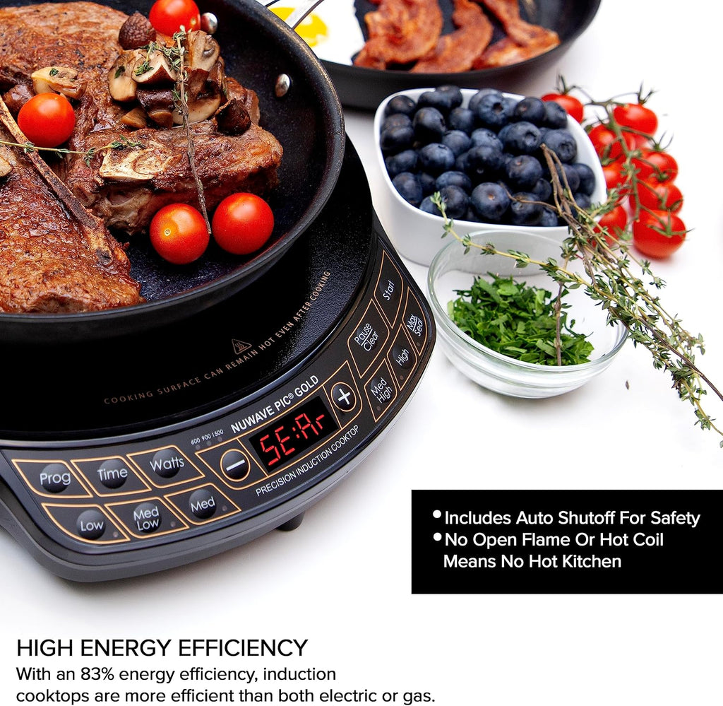 Nuwave Precision Induction Cooktop Gold, 12' Shatter-Resistant Ceramic Glass Surface, Large 8' Heating Coil, Portable, 96 Temp Settings 100°F to 575°F, 3 Wattage Settings 700, 900, and 1500 Watts