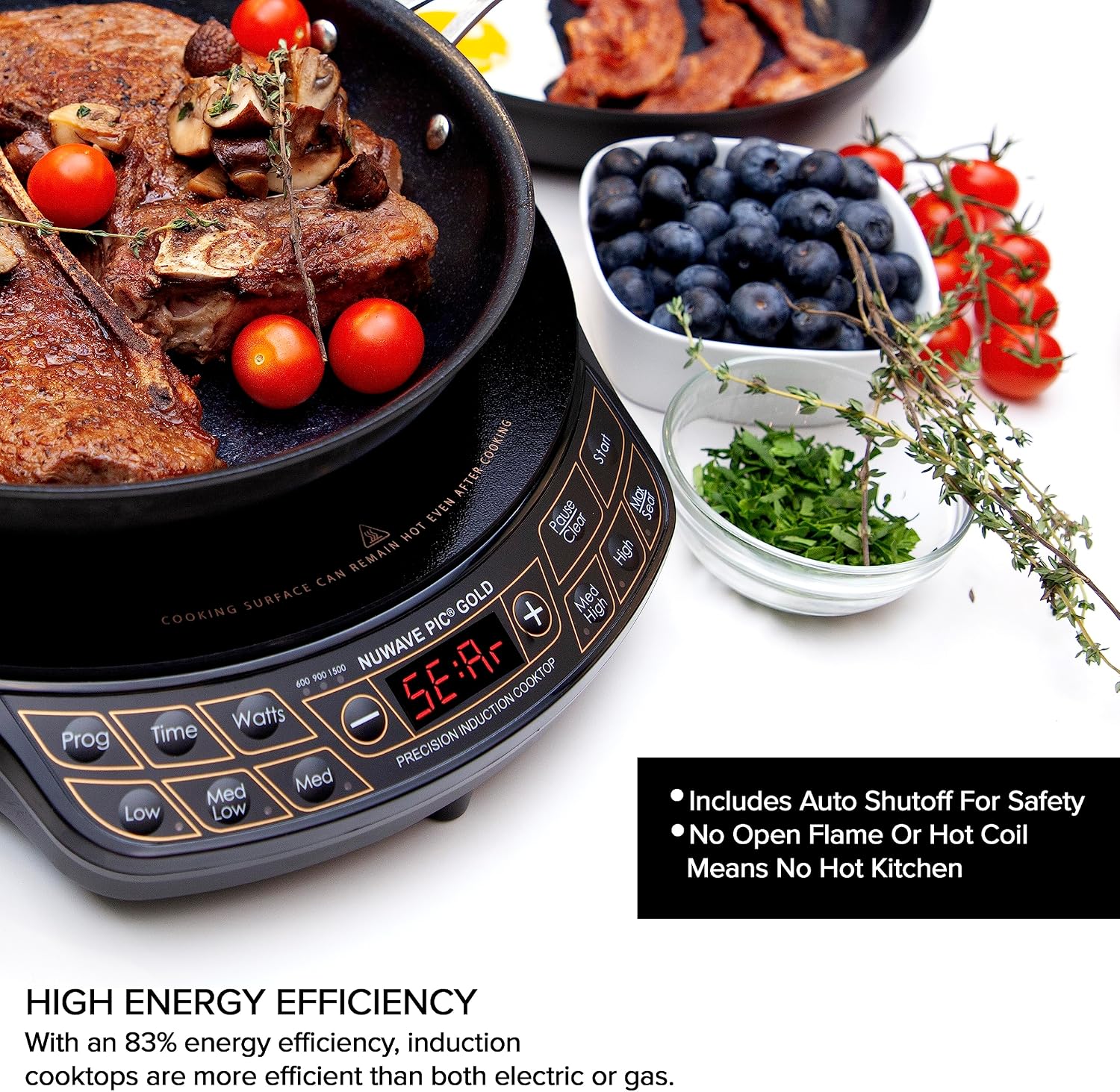 Nuwave Precision Induction Cooktop Gold, 12' Shatter-Resistant Ceramic Glass Surface, Large 8' Heating Coil, Portable, 96 Temp Settings 100°F to 575°F, 3 Wattage Settings 700, 900, and 1500 Watts