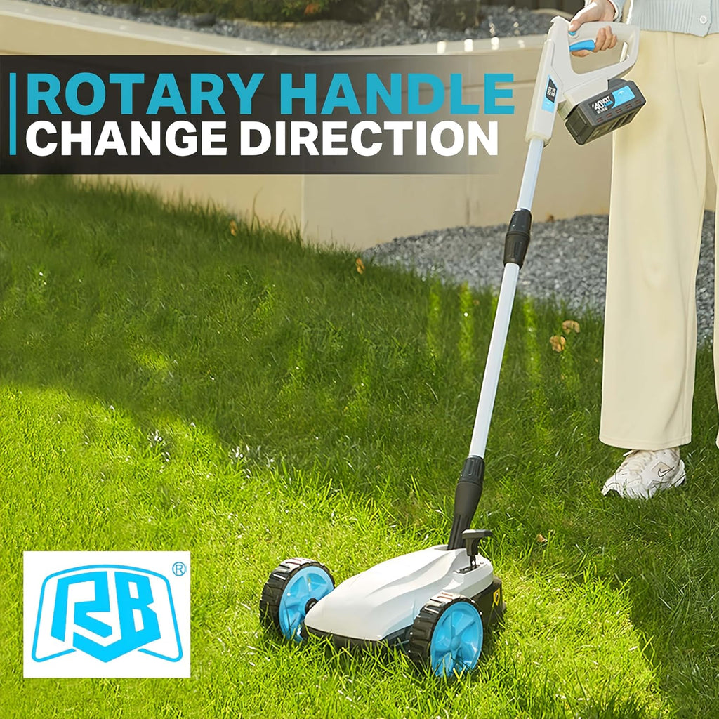 RB 9' Small Lawn Mower for Small Spaces, 40V 2Ah Battery & Charger, Ultra-Light Mini Cordless Lawn Mower with Brushless Motor, 3 Cutting Heights, One-Hand Steering, Upright Storage for Tiny Yards