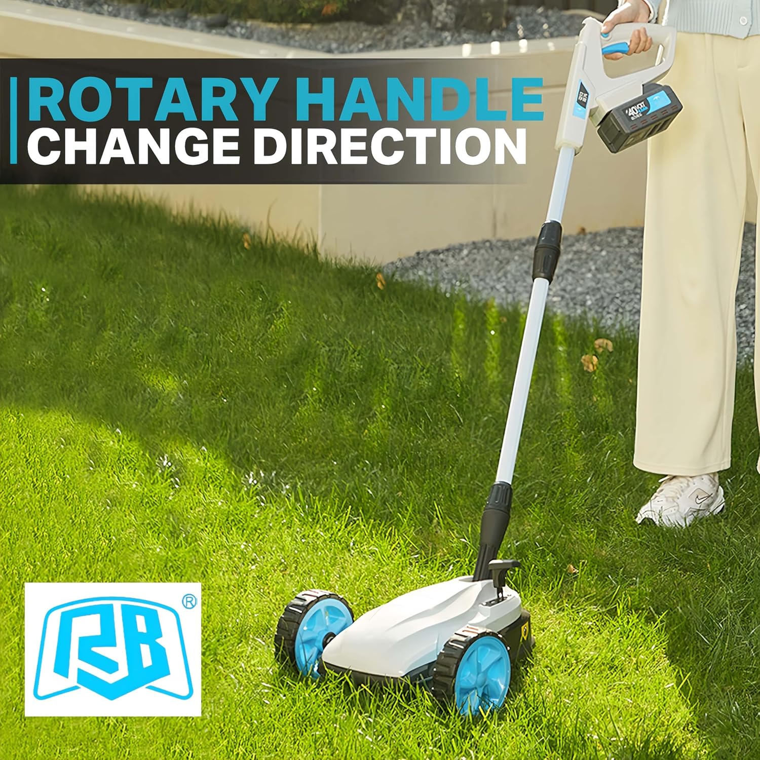 RB 9' Small Lawn Mower for Small Spaces, 40V 2Ah Battery & Charger, Ultra-Light Mini Cordless Lawn Mower with Brushless Motor, 3 Cutting Heights, One-Hand Steering, Upright Storage for Tiny Yards