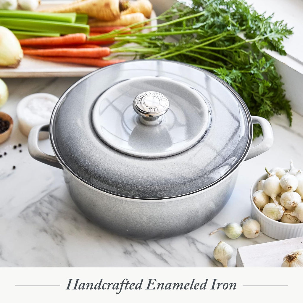 Merten & Storck 5.3QT Round Dutch Oven Casserole Pot with Lid, European Crafted Enameled Iron Stockpot, Induction & All Cooktops, Braising, Stews, Roasting, Slow Cooking, Sourdough, Cloud Gray