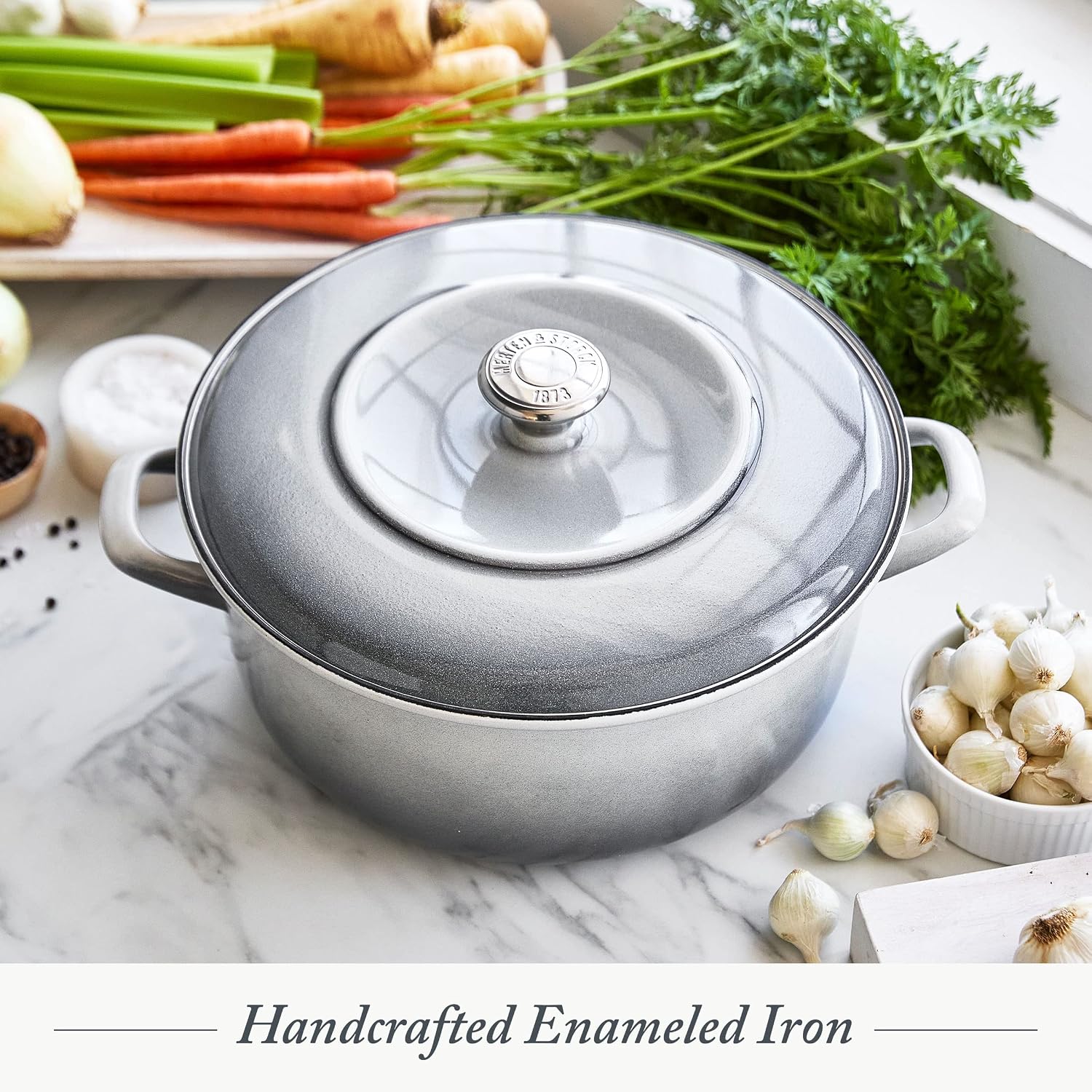 Merten & Storck 5.3QT Round Dutch Oven Casserole Pot with Lid, European Crafted Enameled Iron Stockpot, Induction & All Cooktops, Braising, Stews, Roasting, Slow Cooking, Sourdough, Cloud Gray
