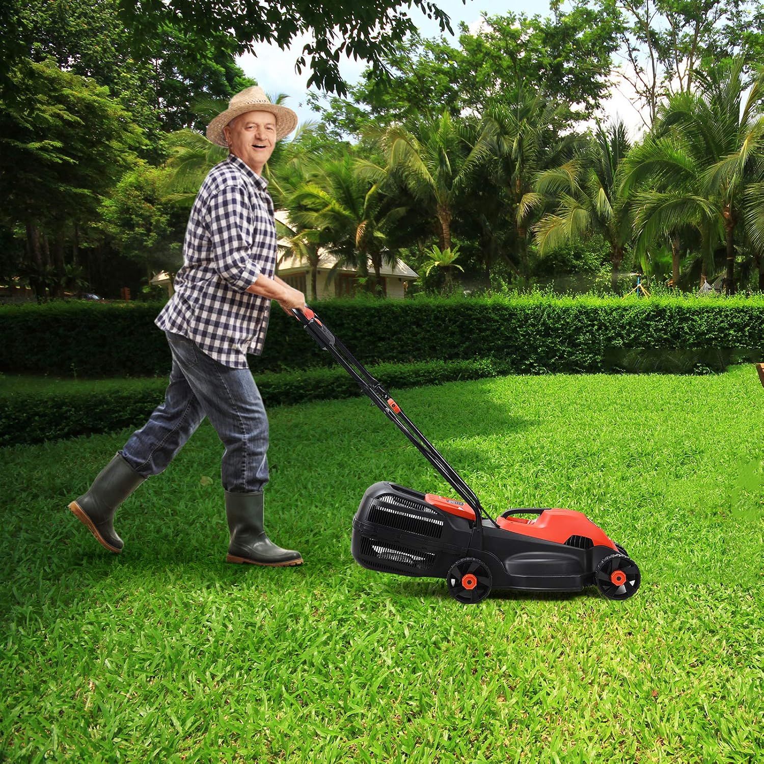 Happygrill Lawn Mower 13-Inch Electric Lawn Mower, Handle Push Corded Lawn Mowers with Grass Bag, Folding Handle, Adjustable Cutting Height for Garden Yard, 12 Amp,Red