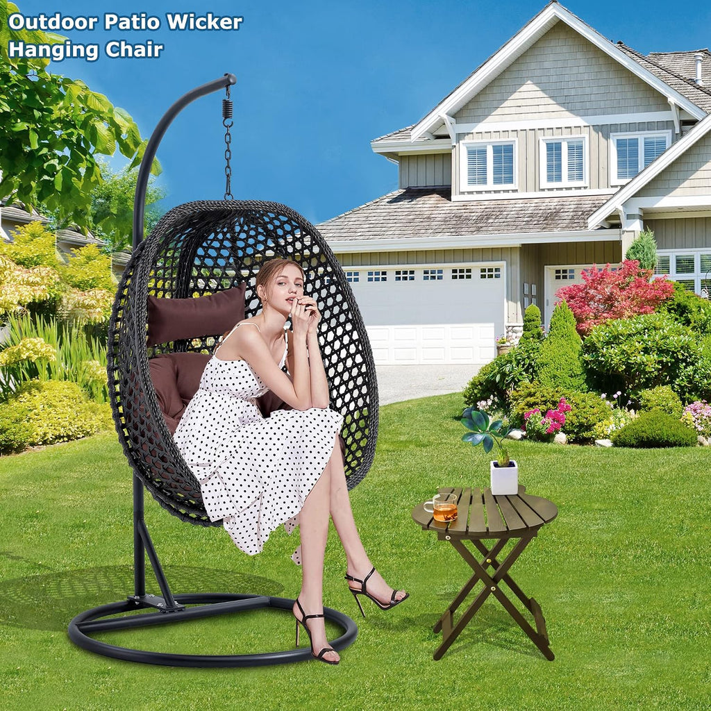 Hanging Egg Chair with Stand & Cushions, Outdoor and Indoor Hammock Rattan Swing Chair 350 lbs Capacity with Aluminum Steel Frame for Patio, Balcony, Backyard and Living Spaces (Black)