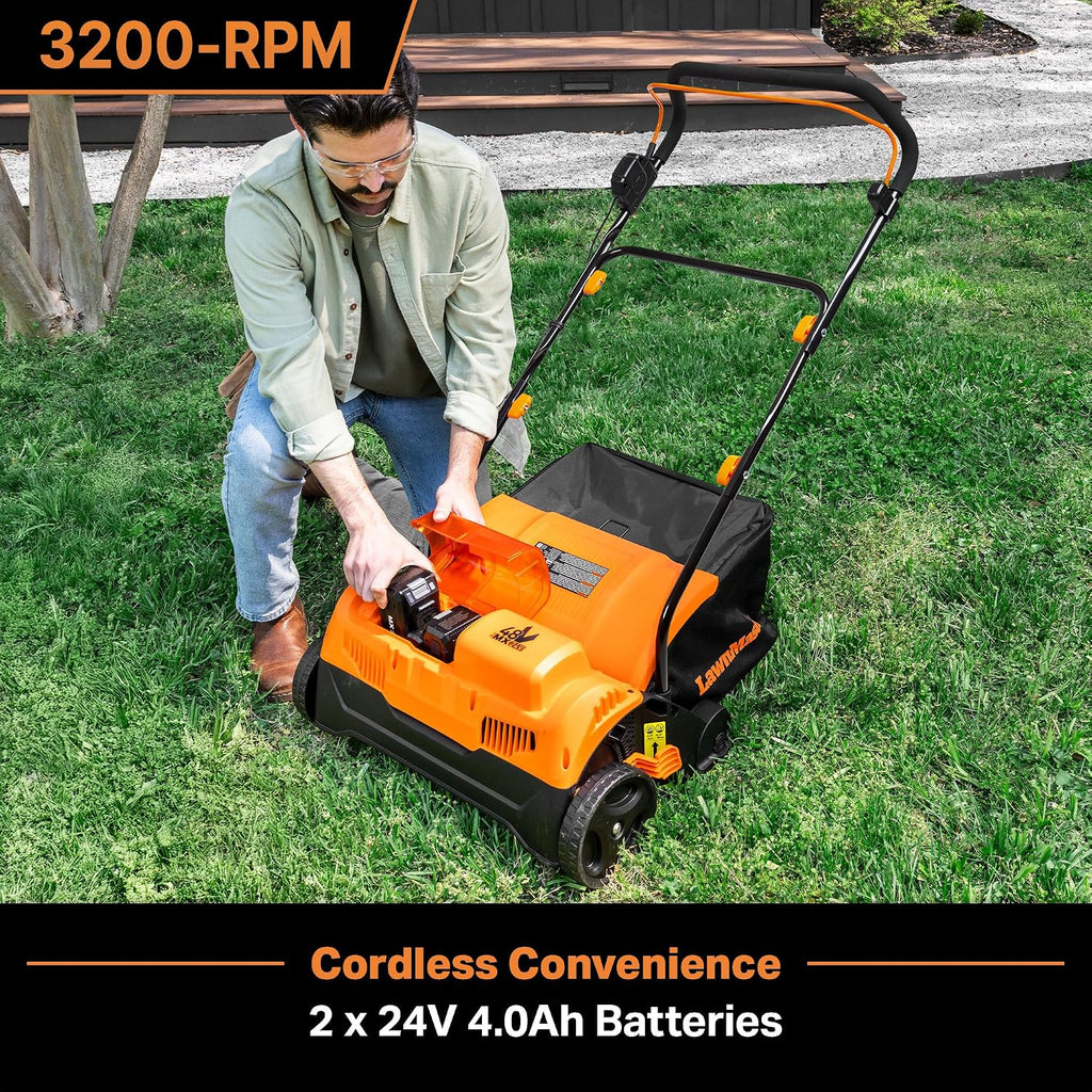 LawnMaster 48V MAX Brushless 16' 2-in-1 Cordless Dethatcher and Scarifier with Removable Thatch Collection Bag Quick-Fold – CLGVB4816