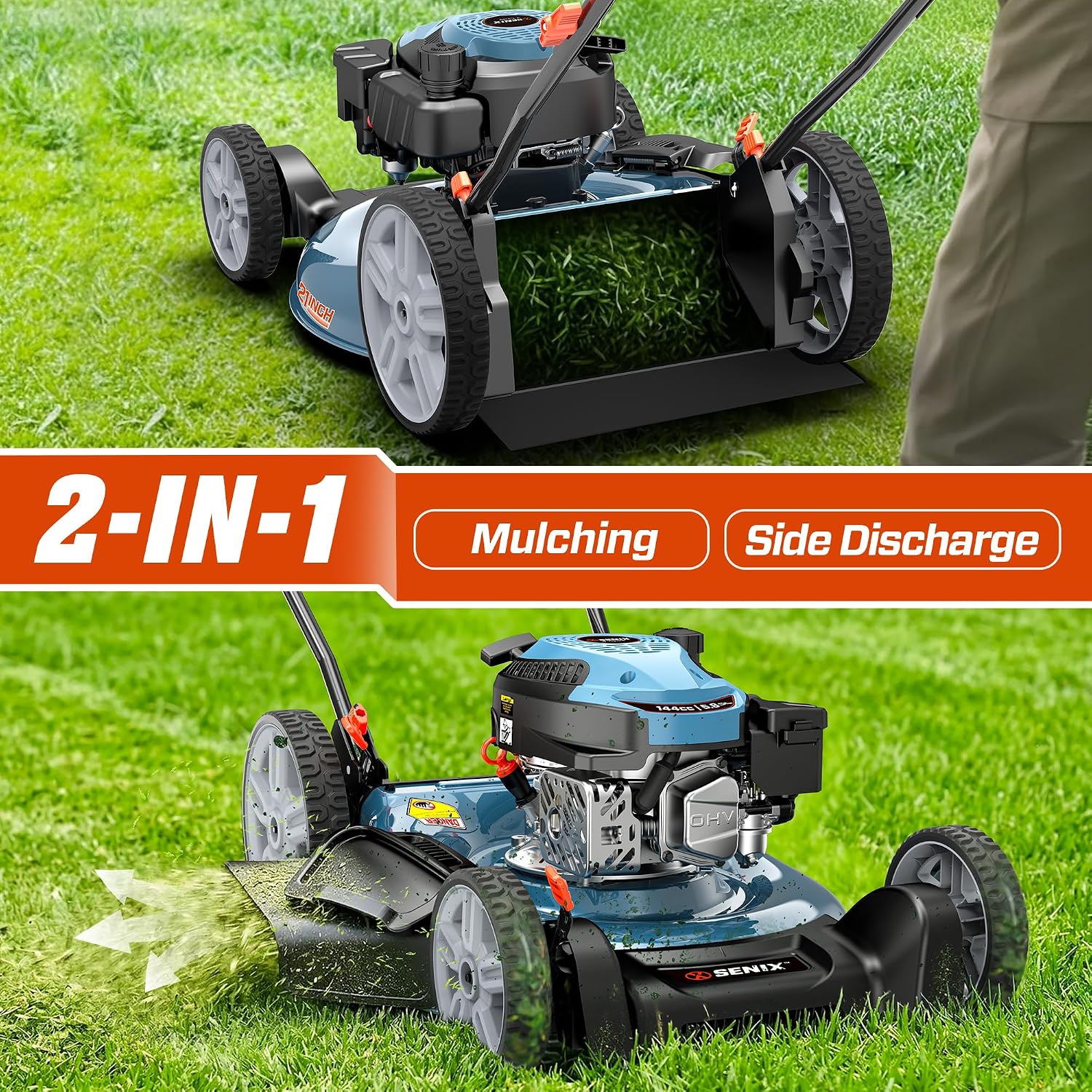 SENIX 21-Inch Gas Lawn Mower, 144cc 4-Cycle Engine, 2-in-1 Mulching & Side Discharge, 6-Position Height Adjustment, Push Walk-Behind Mower for Residential Yard & Garden