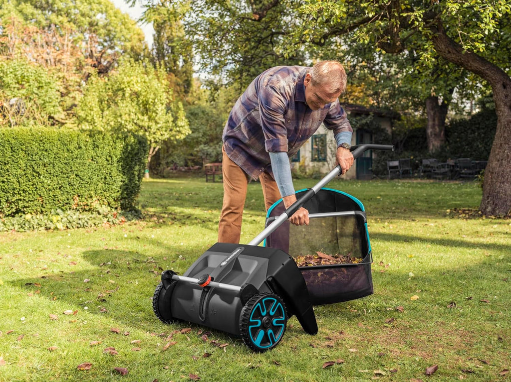 GARDENA Lawn & Leaf Collector Sweeper - Manual Lawn Sweeper - Large Capacity Hopper Bag - Adjustable Height Wide Brush Pickup - Easy to Maneuver Yard Debris Collector - Space Saving Storage - 03565