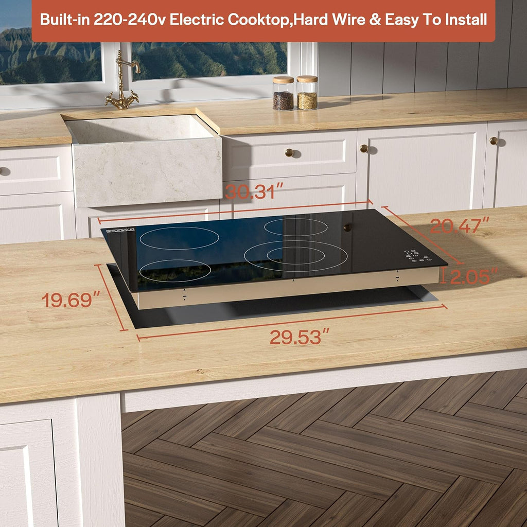 Empava Electric Cooktop, 30 inch 4 Burners, Built in Radiant Stove, Including Dual Zone Element, Ceramic Glass Smooth Surface in Black, ETL Certified, All Kinds of Cookware, 220-240V, No Plug
