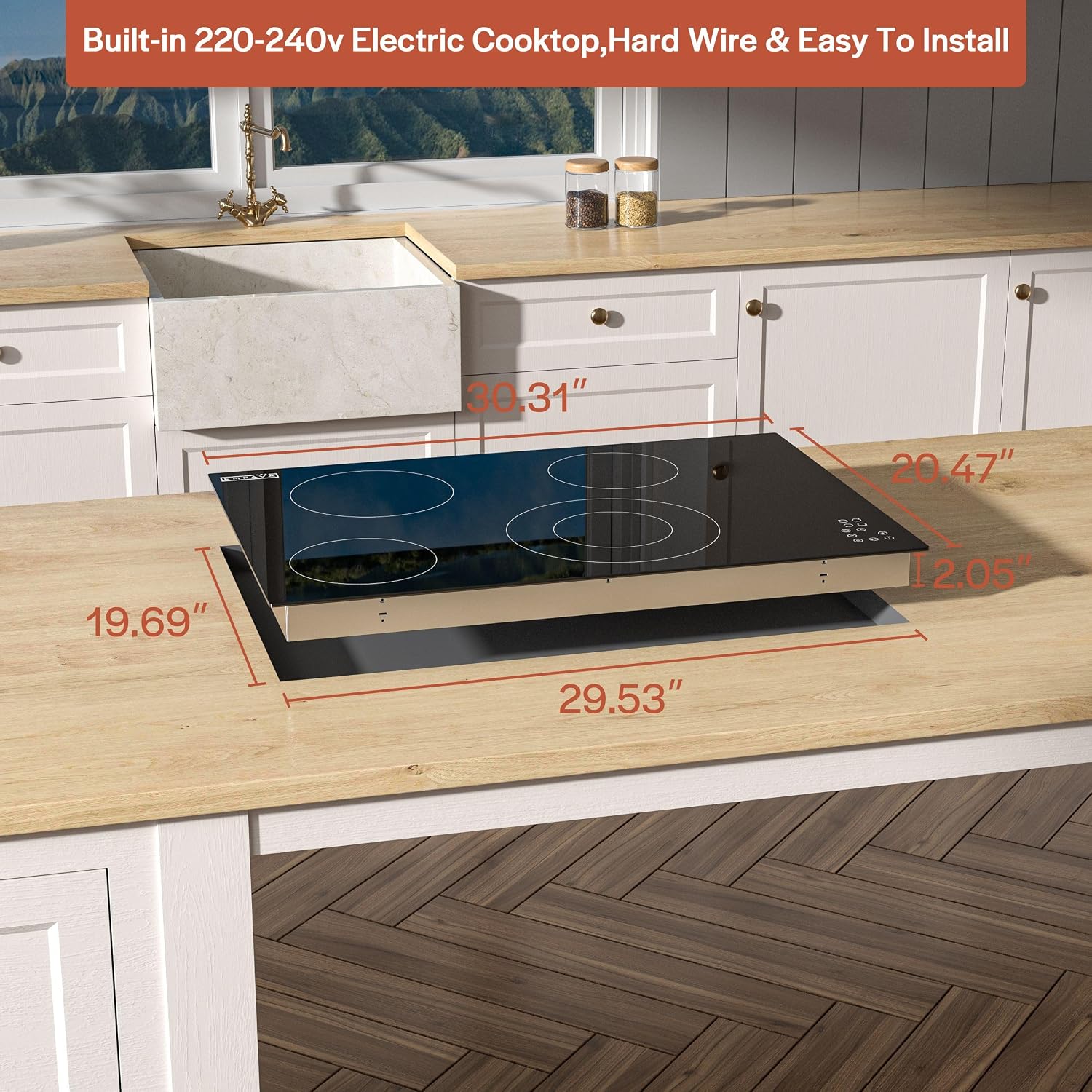 Empava Electric Cooktop, 30 inch 4 Burners, Built in Radiant Stove, Including Dual Zone Element, Ceramic Glass Smooth Surface in Black, ETL Certified, All Kinds of Cookware, 220-240V, No Plug