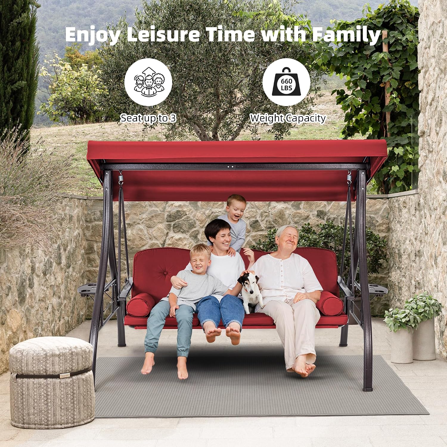 HOMREST 3 Seat Outdoor Porch Swing with 1.5' Deepened Cup Holder, Adjustable Canopy, Patio Swing Bed with Stand, Patio Glider Swing with Thicken Cushions, Pillow for Yard, Garden(Wine Red)