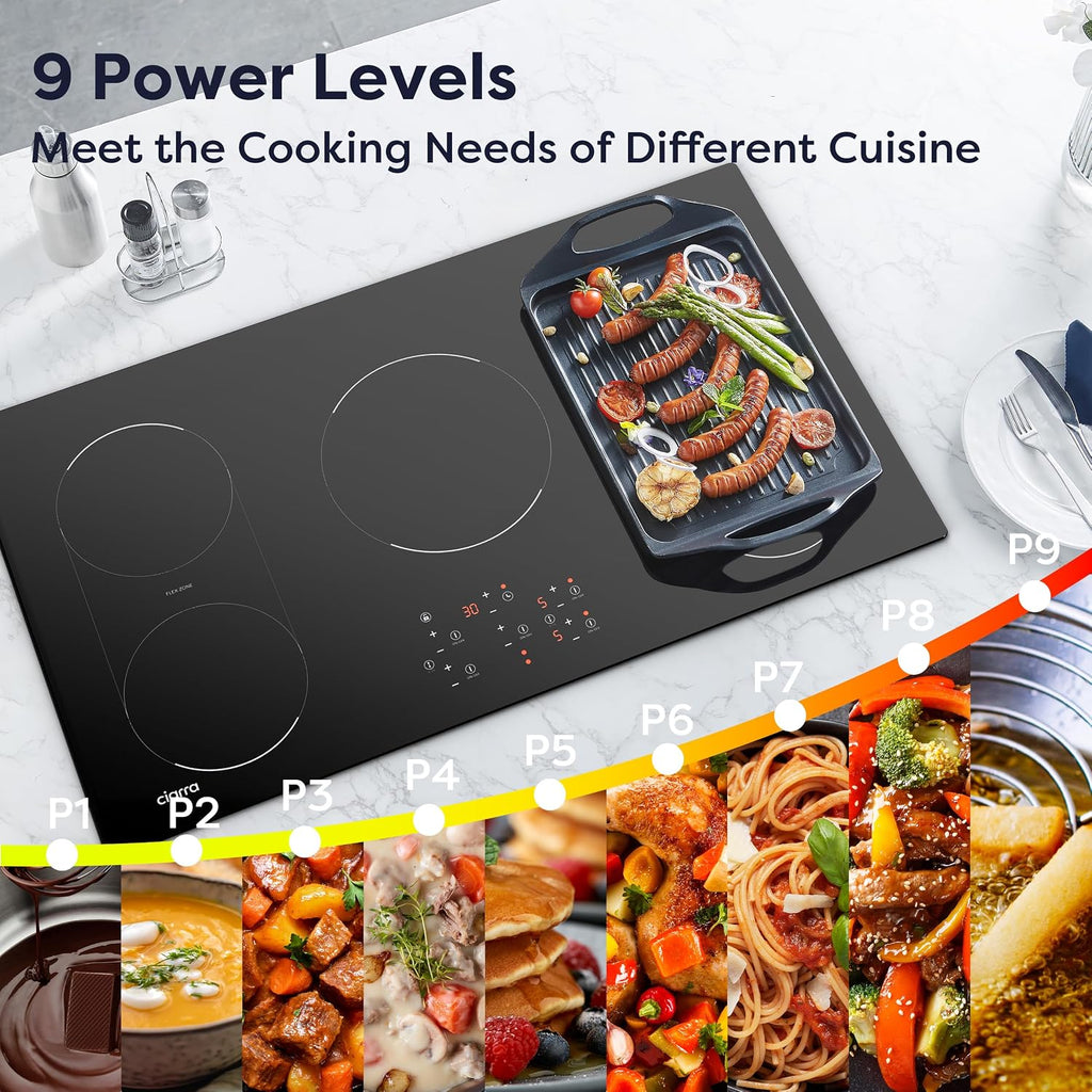CIARRA 36 inch Induction Cooktop 5 Burners, 9600W Built-in Induction Stovetop with Double Flexi Zone, Booster, Timer & Safety Lock