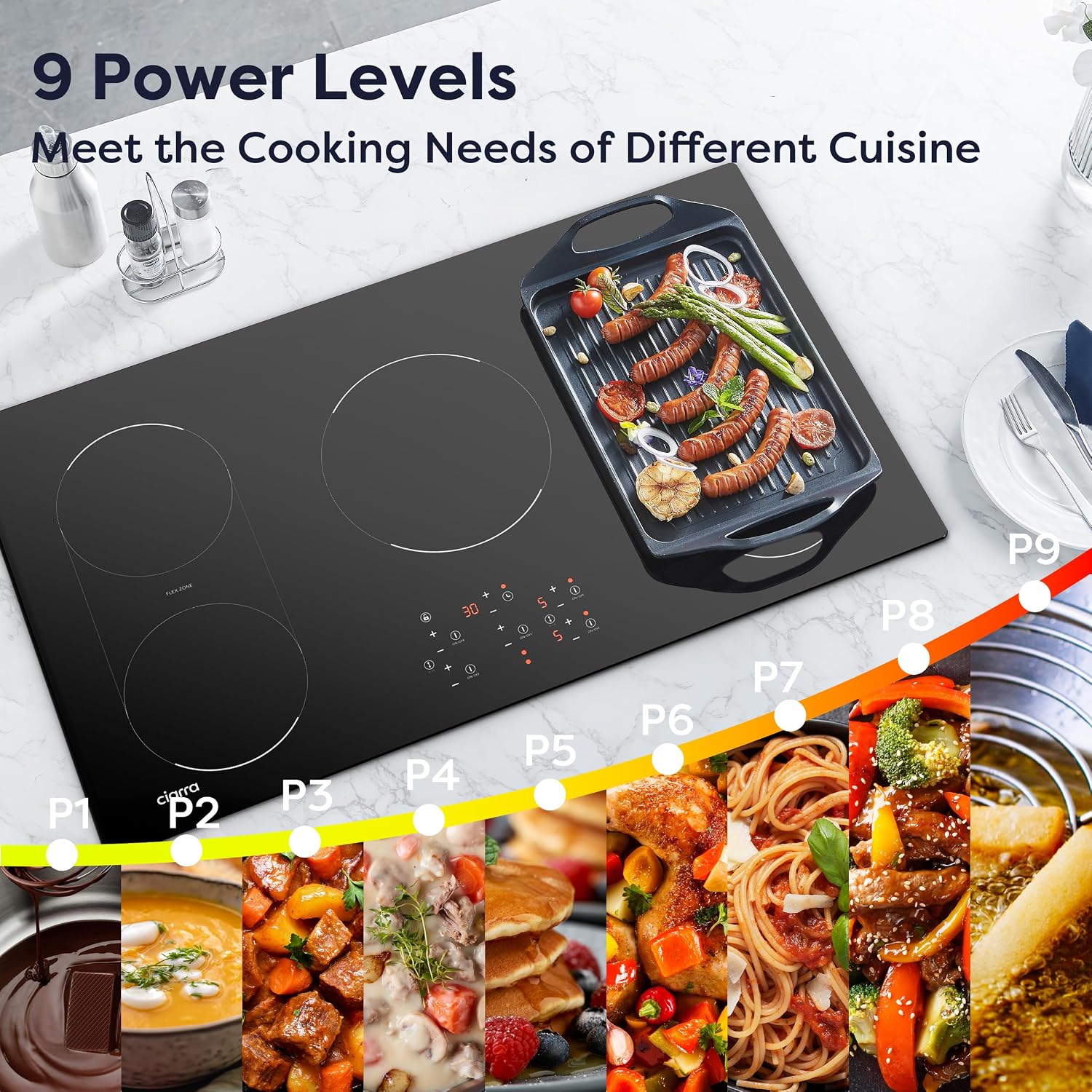 CIARRA 36 inch Induction Cooktop 5 Burners, 9600W Built-in Induction Stovetop with Double Flexi Zone, Booster, Timer & Safety Lock