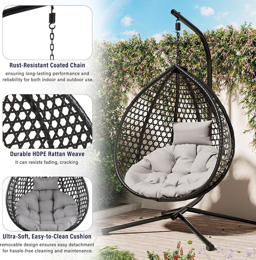 Single Hammock Chair with Stand Durable Hanging Egg Chair with Rattan Weaving, Indoor Outdoor Swing Chairs with Soft Removable Cushion for Balcony, Bedroom, Patio, or Garden, Black+ Grey