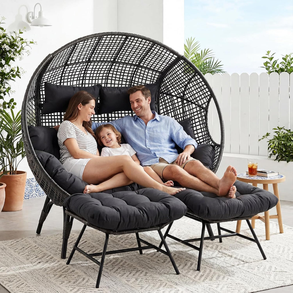 NICESOUL Stationary Egg Chair Indoor Outdoor Wicker Oversized Thick Cushions Egg Shaped Loveseat Chair, Egg Basket Lounge Chair with Ottoman Footrest for Patio Balcony Porch Bedroom Gray