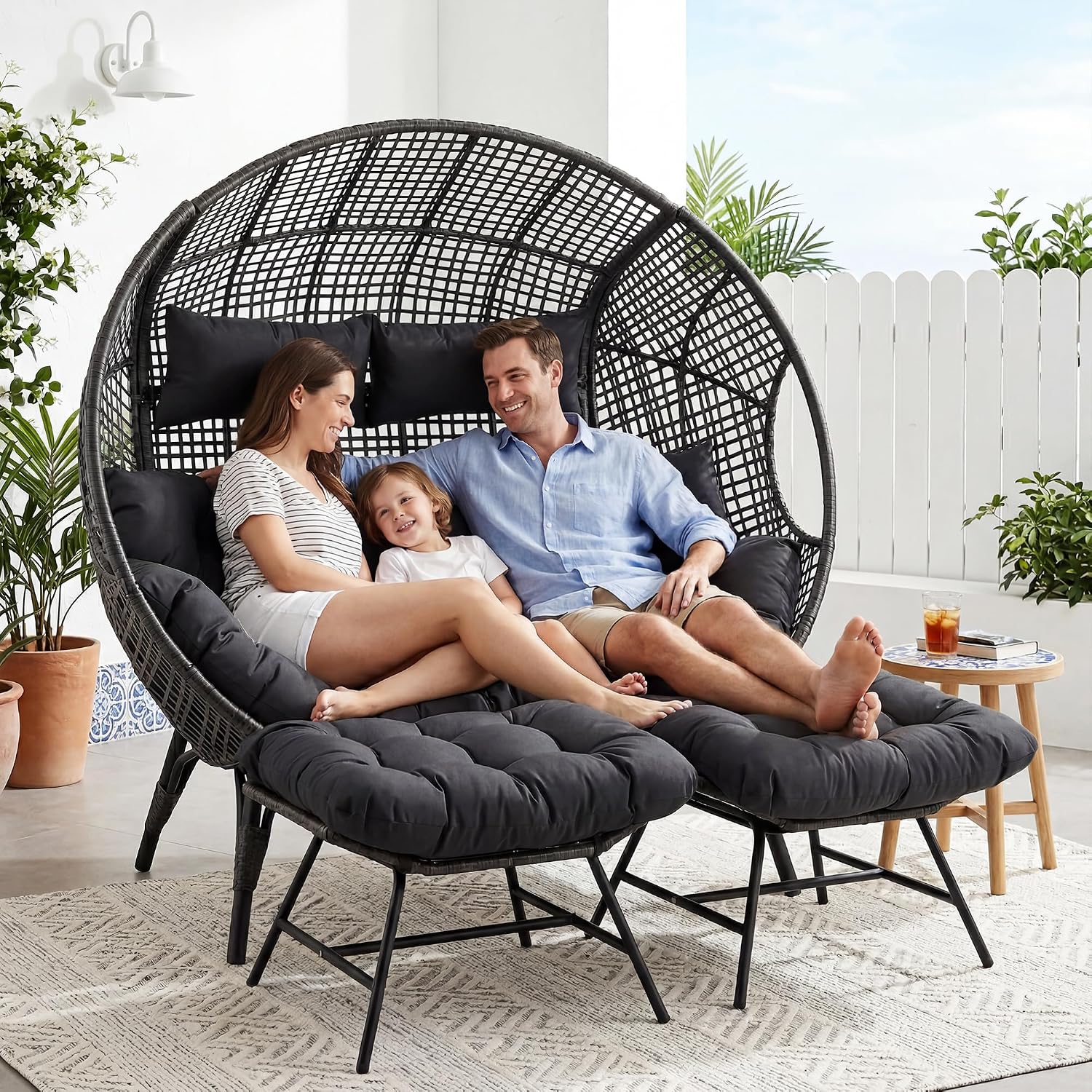 NICESOUL Stationary Egg Chair Indoor Outdoor Wicker Oversized Thick Cushions Egg Shaped Loveseat Chair, Egg Basket Lounge Chair with Ottoman Footrest for Patio Balcony Porch Bedroom Gray