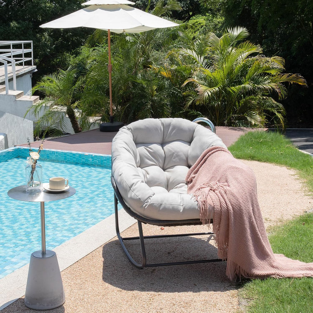 Indoor & Outdoor Rocking Chair, Oversized Rattan Royal Rocking Chair with Padded Cushion, Rocker Egg Chair for Living Room, Patio, Front Porch, Backyard, Grey
