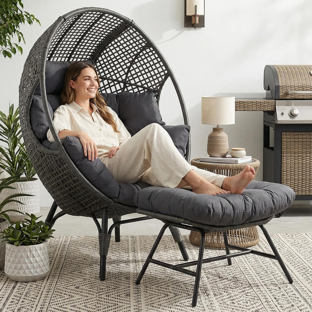 NICESOUL Patio Egg Chair with Ottoman, Big Oversized 440lbs Half-Egg Shape Chair w/Footstool, Comfortable Boho Rattan Lounger Chair w/Cushion for Reading, Living Room, Indoor, Exteriors, Porch,Gray