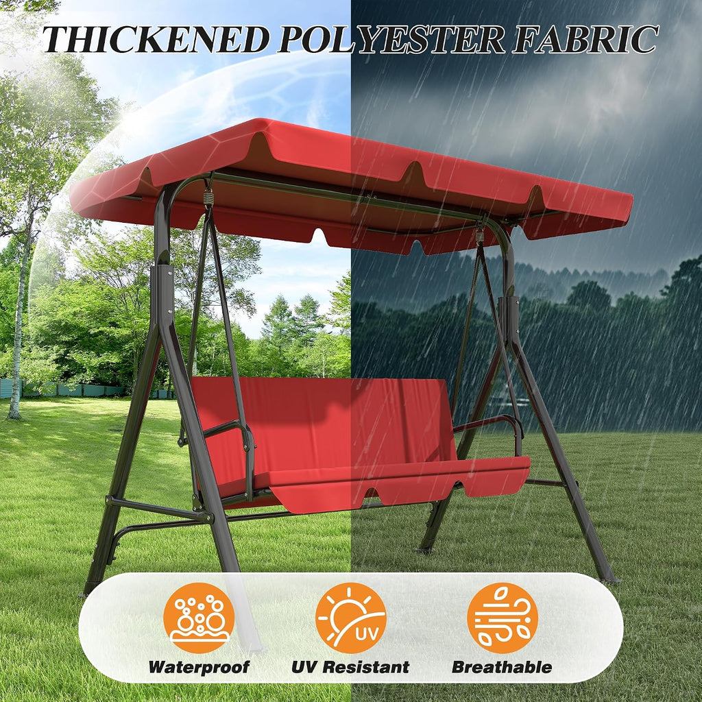 GARTOO 3-Seat Patio Swing Chair, Outdoor Porch Swing with Adjustable Canopy and Durable Steel Frame for Patio, Garden, Poolside(Red)