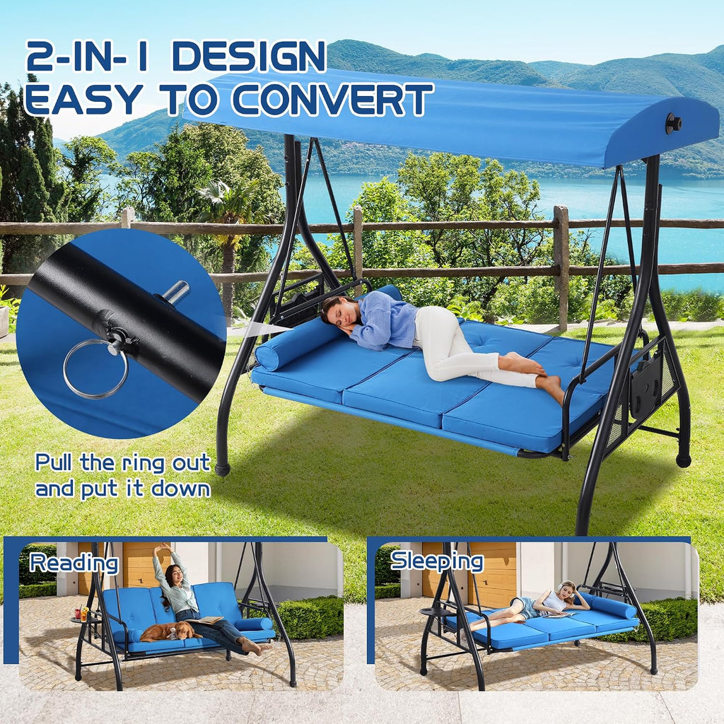 3 Seat Outdoor Porch Swings with Adjustable Canopy - Patio Porch Swing Glider Bench with Stand, Heavy Duty Swing Bed W/Cushions Pillows and Cup Holder for Backyard Garden Lawn Poolside (Blue)